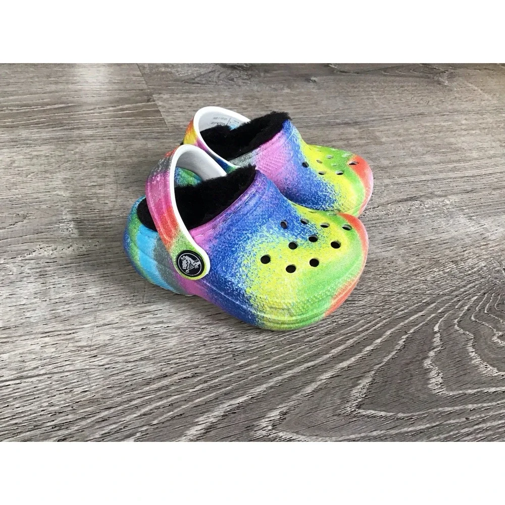 Crocs Baby Girls Size 4 C4 Rainbow Clogs Black Lined Shoes Slip On 208095